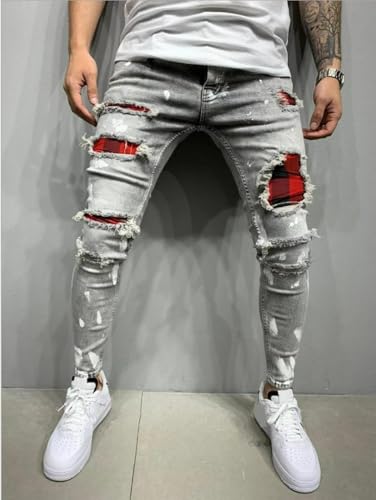 Jeans Pants Trouser Denim Punch Print Stretch Tight Street Trendy Small Leg for Men2