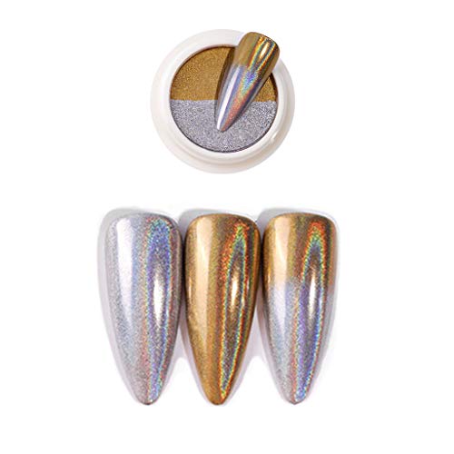 Shogpon Uñas Glitter Súper Brillo Espejo Cromo Clavo Polvo de Destello Decoración del Arte del Clavo Manicura Pigmento (Polvo Bicolor), Oro y Plata Arcoíris Cover