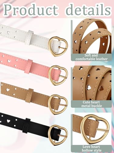 Newcotte 4 Pcs Girls Belt Size Aged 3-12 Kids PU Leather Waist Hollow Heart Design Kids Belts for Dress Pants Jean4