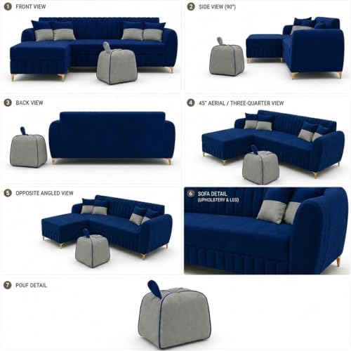 Image of CASASTYLE Signature Velour 4-Seater L-Shape Sofa Set with Movable Ottoman & Suri Pouf | Flexible LHS /RHS Layout | Boston Fabric | 40D Foam + Zigzag Spring | 3-Yr Warranty (Midnight Blue, Light Grey)