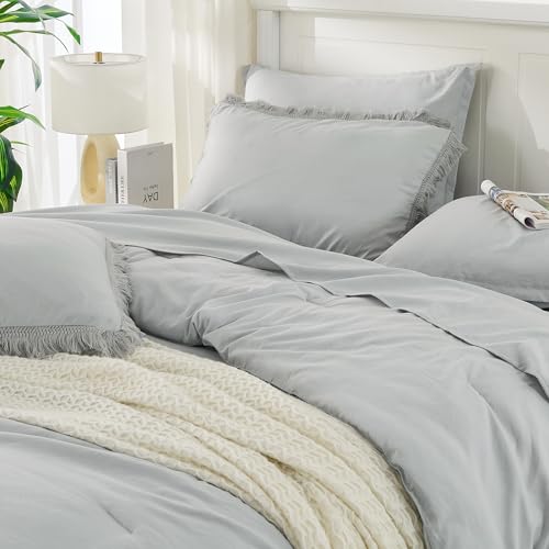 Image of Andency Light Grey Full Size Comforter Set with Sheets - 7 Pieces Boho Tassel Bed in a Bag Soft Lightweight Bedding Sets, Light Grey Fringe Bed Set with Comforter, Sheets, Pillowcases & Shams