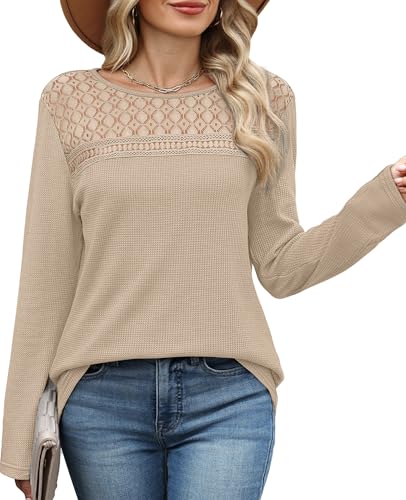 WIHOLL Womens Lace Long Sleeve Shirts Fall Tops Fashion Dressy Casual Lightweight Sweaters Mesh Clothes Trendy Waffle Knit3