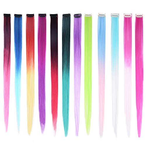 SEIKEA Colored Hair Extension for Girls Kids Colorful Party Highlight Color Hairpiece Clip in on 12 Pack
