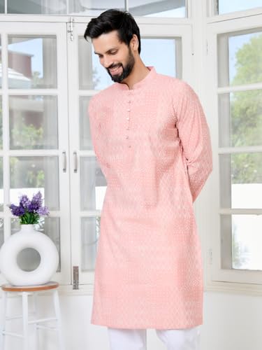 Image of See Designs Men's Full Sleeve Mandarin Collar Floral Embroidered Mandarin Collar Thread Work Straight Long Kurta - Festive Collection