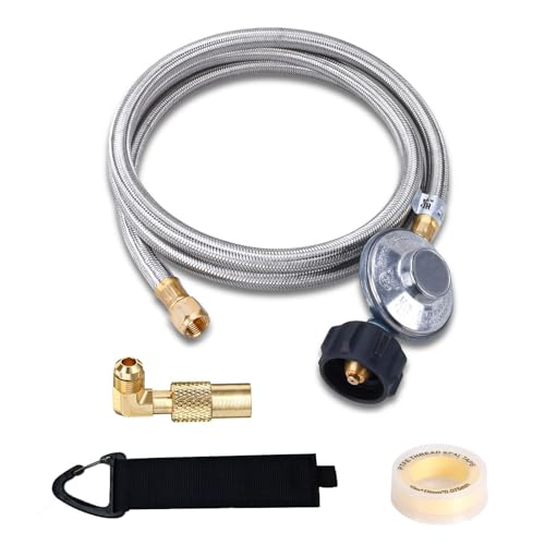 VIEAUBE 5 Feet Propane Regulator and Hose with Elbow Adapter for Blackstone 17 inch and 22 inch Table Top Griddle, Replacement Parts,Propane Tank for Fire Pit, Patio Heater, Gas Grill,Stove