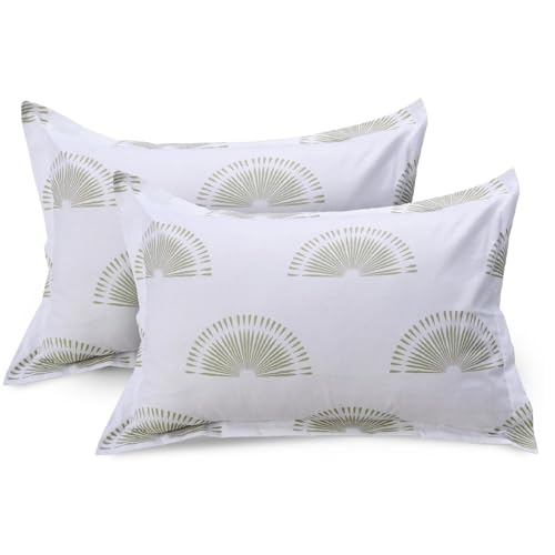 Image of Huesland by Ahmedabad Cotton 144 TC Cotton Bedsheet for Double Bed King Size Elastic with 2 Pillow Covers | Sunrise | Basil Green & White