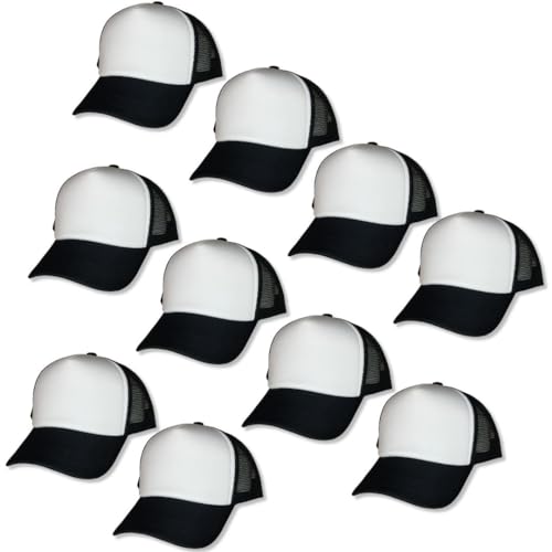 Lista de Cachuchas Blancas para comprar hoy. 42 Genérico Paquete 10 Gorras Trucker Lisa, Esponja y Malla, Cachucha Unisex, Ajustable, Ideal para Sublimar y Campañas Publicitarias. (Blanco con Negro)