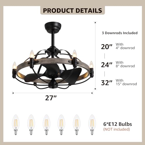 Moooniche ZH188 27'' Farmhouse Cage Ceiling Fan With Light Remote Control, Ash Brown Rustic Ceiling Fan thumb #4