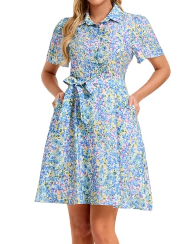 Image of Women Long Sleeve Spring Button Down A-Line Floral Print Summer Cocktail Shirt Dresses with Belt