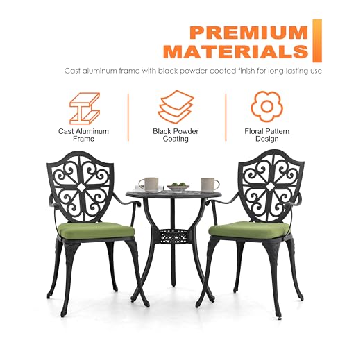 Image of NUU GARDEN Outdoor 3 Piece Bistro Set with Cushions Round 24 Inch Cast Aluminum Table with 2.17 Inch Umbrella Hole and 2 Cast Aluminum Bistro Chairs for Patio Garden Backyard and Balcony Black