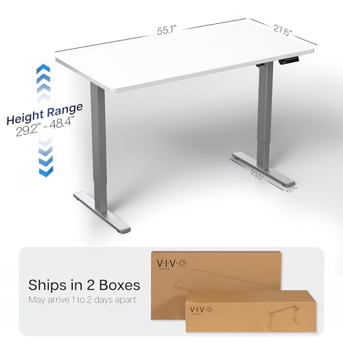 Image of VIVO White 55 x 28 in Standing Desk, DESK-KIT-1G55W | Electric, Holds 220 lbs, Sit Stand, Height Adjustable, Solid One-Piece Table Top, Memory Presets, 1B Series, Gray Frame
