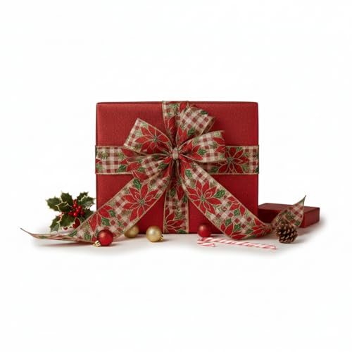 Image of Poinsettia Plaid Christmas Tree Ribbon - 2 1 /2 inch x 10 Yards, Wired Holiday Ribbon, Gift Wrapping, Garland, Wreath, Bows, Presents, Fundraiser, Boxing Day, Classroom, Office, Arts and Crafts
