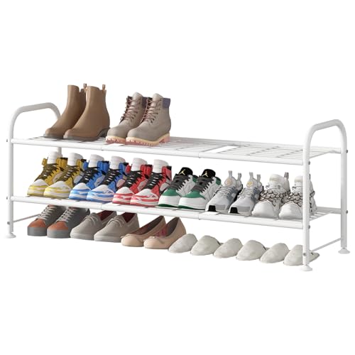 Image of LINZINAR Shoe Rack Long 2 Tier Shoe Storage Organizer Metal Wide Shoe Shelf for Closet Entryway Bedroom 18 Paris Large Capacity, White