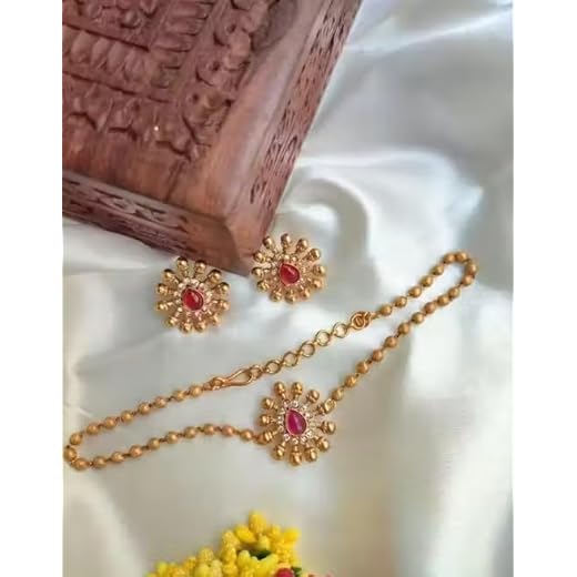 LUCENTARTS JEWELLERY Matte Gold South Indian Temple Jewelry Set – Traditional Choker Necklace with Pendant & Earrings for Women | Gold Plated Alloy with CZ Stones | Adjustable Design No PD25RUBY