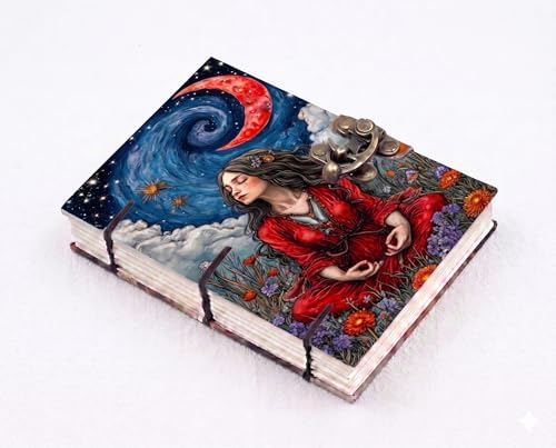 Image of URBAN UNFOLD Aesthetic Handmade Digital Printed Diary with Vintage Metal Lock | A5 Size (7x5 Inch) Hardcover Journal | 200 Unruled Blank Pages | Hand-Stitched Premium Personal Notebook for Writing, Sketching & Gifting (Mystical Red Moon Girl Artwork)