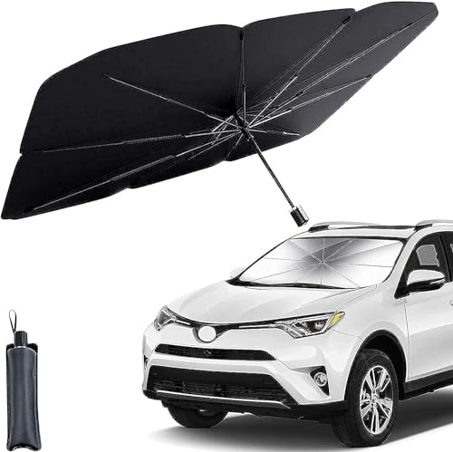 Image of Car Windshield Sunshade, Umbrella Style Front Window Sun Protection, Foldable Heat Insulation Cover for Most Vehicles, Black