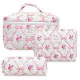 Aucuu Beauty Case, 3 Pezzi Floreale Grande Capacità per Il Trucco, Borsa da Toilette Trapuntata, Beauty Case da Viaggio Cotone Morbido, Beauty Trapuntato Grandei da Toilette Makeup Bag Organizer