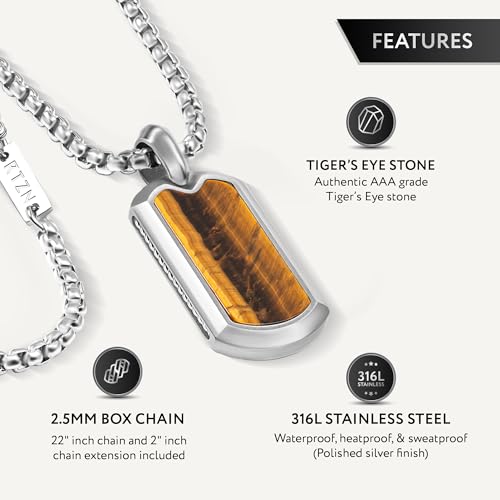 RTZN® Tiger Eye Necklace for Men – Premium Artisan Dog Tag Mens Tiger Eye Necklace Pendant with Stainless Steel Box Chain 22" Inch + 2" Extension3