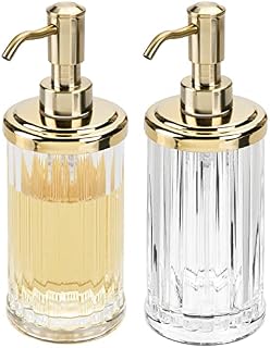 mDesign Liquid Soap Dispenser Bottles  Set of 2  Tall, Plastic Refillable Soap Pumps  Soap and Lotion Dispenser Set with 385 Ml Capacity  Clear/Soft Brass