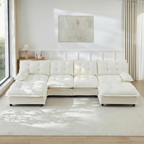 Image of 138 inch U-Shaped Sectional Couches for Living Room, Beige 4 Seater Modern Chenille Deep Seat Sofa Set, Salas para Casa, High Back Cloud Couch Modular Sectional Sets with 2 Ottoman