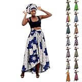 Falda Larga de Cintura Alta para Mujer con pañuelo a Juego, Estampado Ankara Africano, Conjunto étnico Veraniego, Elegante y cómodo, Ideal para Verano, Vacaciones o Looks Boho Chic (a4-Azul, XXL)