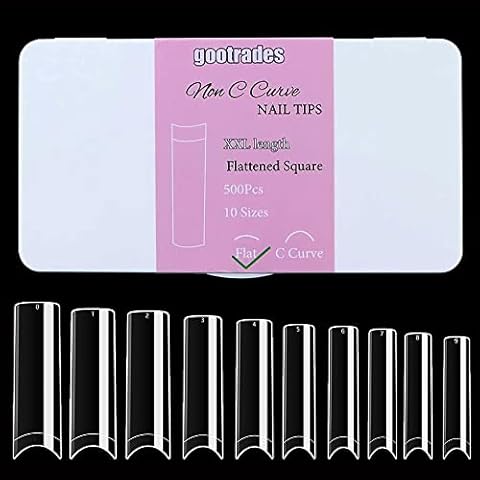 INENK Flattened No C Curve XXL Square Nail Tips, Clear Half Cover Tapered Square Straight Nail Tips Flat for Acrylic Nails Salons and DIY with a Box(10 Sizes 500PCS) Cover