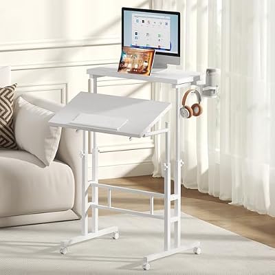 DUMOS Split Top Rolling Standing Desk, 23.6" Mobile Laptop Desk, Manual Height Adjustable Workstation on Wheels, Sit Stand Office Table, Walking Pad Study Desk,White