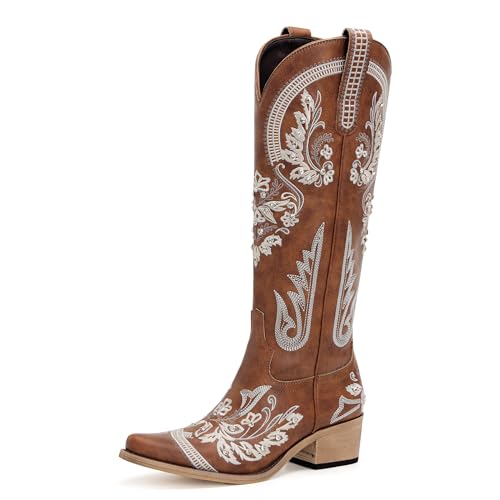 vodvob Western Cowboy Boots for Women Embroidered Rhinestones Knee High Cowgirl Boots Pointed Toe Chunky Heel Fashion Retro Classic Tall Boot by vodvob - Used condition - US$53.60