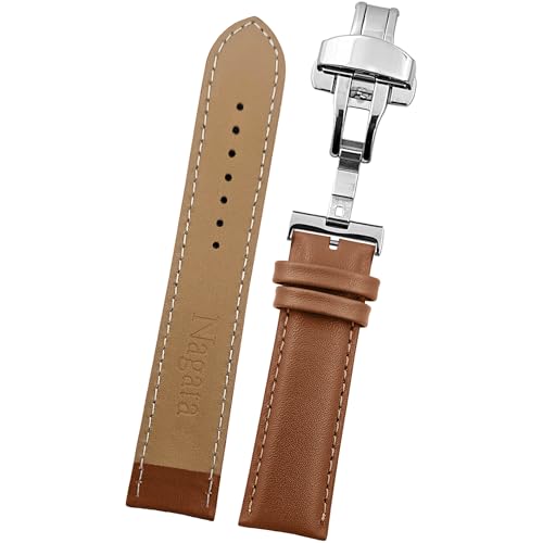DBLACK ''NAGATA3'' Leather Watch Strap with Butterfly Lock, Minimalist Design Watch Belt // For 18mm, 20mm, 22mm, or 24mm Watch Band (Choose Your Size & Color) (Tan, 22mm / Silver)