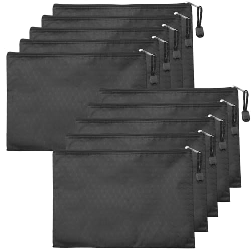 PWGHWG 10 Stück Geldtaschen Banktasche 24 × 17 cm Geldtasche A5 Dokumententasche Wasserdichte Bankmappe mit Reißverschluss für Haushalt Business Schule (Schwarz)