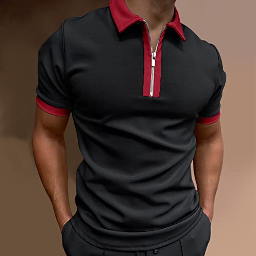 Blusa masculina casual moderna com zíper e gola virada para baixo, blusa lisa de manga curta, camisa