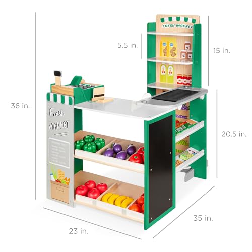 Best Choice Products Pretend Play Grocery Store Wooden Supermarket Toy Set for Kids w/Play Food, Chalkboard, Cash Register, Working Conveyor - Green