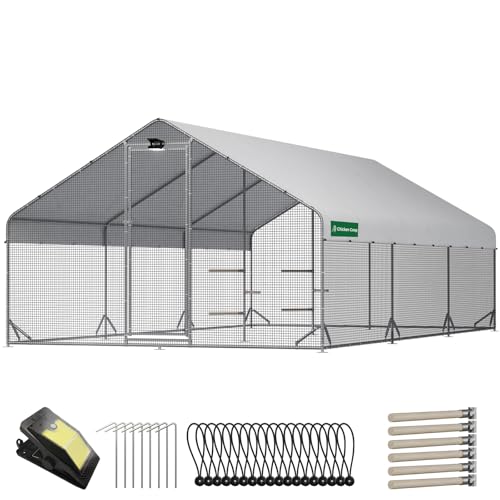 Large Metal Chicken Coop with Run, Cover, and Solar Light