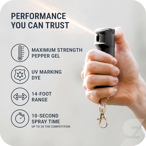Image of SABRE Pepper Gel Spray with Fast Flip-Top Safety & Snap‑Clip Keychain for Self Defense - Max Strength with UV Dye, Reduces Wind Blowback, 10‑Sec Spray, 14ft Range, Finger Grip, Made in USA, 0.54 fl oz