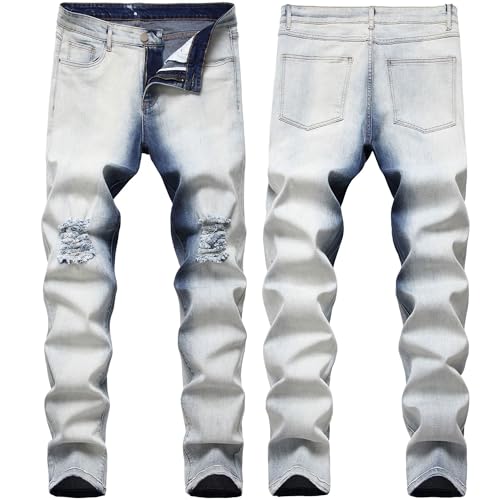 DGHM-JLMY Mens Ripped Jeans Fashion Washed Straight Fit Slim Jeans Distressed Destroyed Comfort Flex Waist Pants3