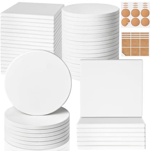 Ceramic Tiles for Crafts GOH DODD 48 Pack Unglazed Blank Coasters with Cork Backing for Alcohol Ink Painting Acrylic Pouring Art Projects Housewarming Gifts Wedding School Education 4 Inch