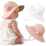 Konssy Muslin Baby Sun Hat 2-Pack, UPF 50+ Sun Protection Wide Brim Summer Beach Hat, Bucket Hat for Girls and Boys White Pink