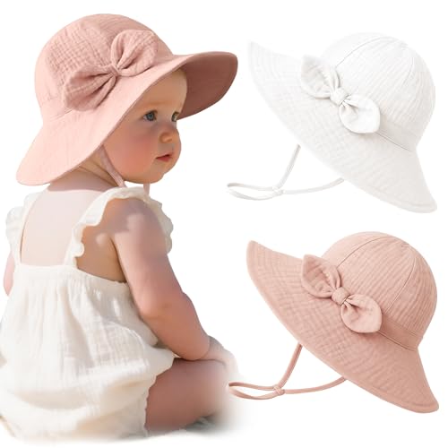 Image of Konssy Muslin Baby Sun Hat 2-Pack, UPF 50+ Sun Protection Wide Brim Summer Beach Hat, Bucket Hat for Girls and Boys