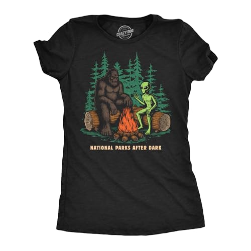 Womens Funny T Shirts National Parks After Dark Sarcastic Bigfoot Alien Graphic Novelty Tee for Ladies Funny T Shirts Cool Camping Top Women's Novelty Tees Black - XL
