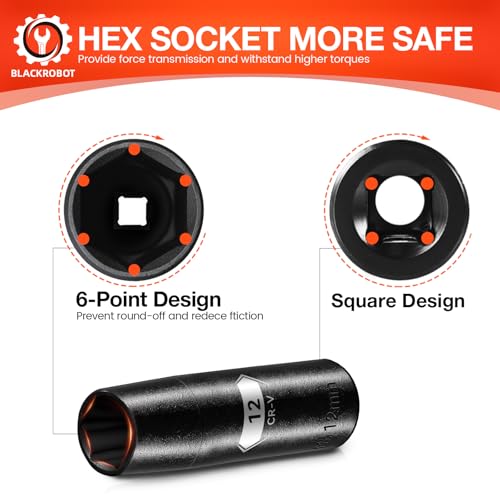Image of BLACKROBOT 1 /2 Inch Drive 6-Point Deep Socket, 12mm Deep Impact Socket, CR-V Steel