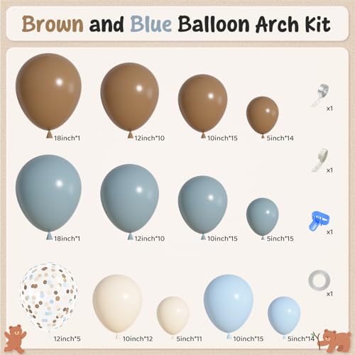 Image of Ouddy Life 142Pcs Dusty Blue and Brown Balloons Arch Kit Different Size | 18 12 10 5 inch Sand White Dusty Blue Brown Confetti Balloons for Boy Baby Shower Ted Bear Gender Reveal Birthday Party Decor