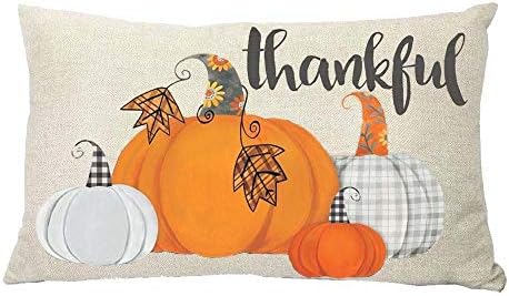 ZYCH Happy Thanksgiving Plaid Pumpkin Cotton Linen Square Throw Pillow Case Cushion Cover 12 x 20 Throw Pillow Covers (35)