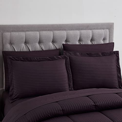 Image of Sweet Home Collection 8 Piece Comforter Set Bag Stripe Design, Bed Sheets, 2 Pillowcases, 2 Shams Down Alternative All Season Warmth, King, Dobby Purple