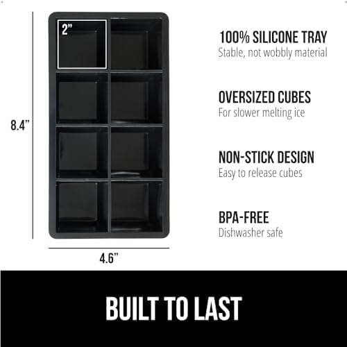 GORILLA GRIP Slow Melting Large Silicone Ice Cube Tray for Freezer, Easy to Push 8 Giant Square Cubes, Use for Cocktails, Iced Coffee, Water Bottle, Frozen Puree, Kitchen Bar Essentials, 1 Pack, Black - Thumbnail 2