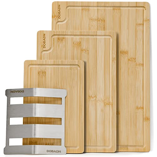 Dobadn Bamboo Cutting Board Set For Kitchen,（Set Of 3）Chopping Boards With Juice Groove,Natural Wood Cutting Boards With Stainless Steel Holder,Cutting Board Set For Butcher Block,Cheese,Vegetables #TOP1