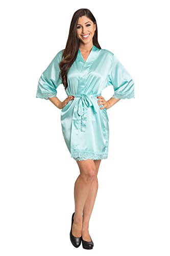 Zynotti Women's Tone Matching Lace Trimmed Blank Bridal Party Kimono Wedding Aqua Satin Robe - L/XL 14-20 Zynotti Women's Tone Matching Lace Trimmed Blank Bridal Party Kimono Wedding Aqua Satin Robe - L/XL 14-20