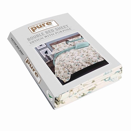 Image of Pure Source India Pure Cotton Elegance Bedding Set, Dreamy Cotton Comfort Double Bed Sheet with Pillow Covers (Ivory Green Blue Flora)