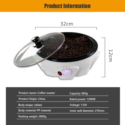 TRAGLO Máquina elétrica de torrar café, 1200 W, doméstica, 800g, torrador de grãos de café, 0-240 ℃, ajuste de temperatura para uso doméstico em cafeterias, 110 V - Imagem 2