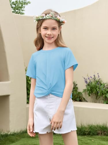 Image of Haloumoning Girls Short Sleeve T Shirts Kids Summer Twist Front Crop Tops Fashion Tees 5-14 Years