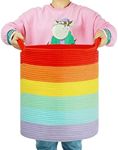 Autonomier 14" x 20" Rainbow Extra Large Tall Cotton Rope Woven Storage Baskets,Throw Blanket Storage Basket for Living Room,Home Decorative Storage Baskets,Cute Boho Nursery Hamper Laundry Basket